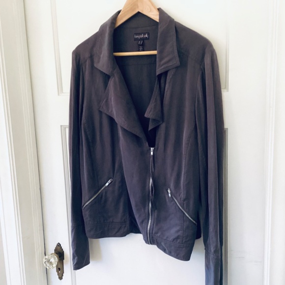 Long Tall Sally Jacket Size 12 Lyocell Gray Double Breasted Zipper Moto Biker - Picture 2 of 13